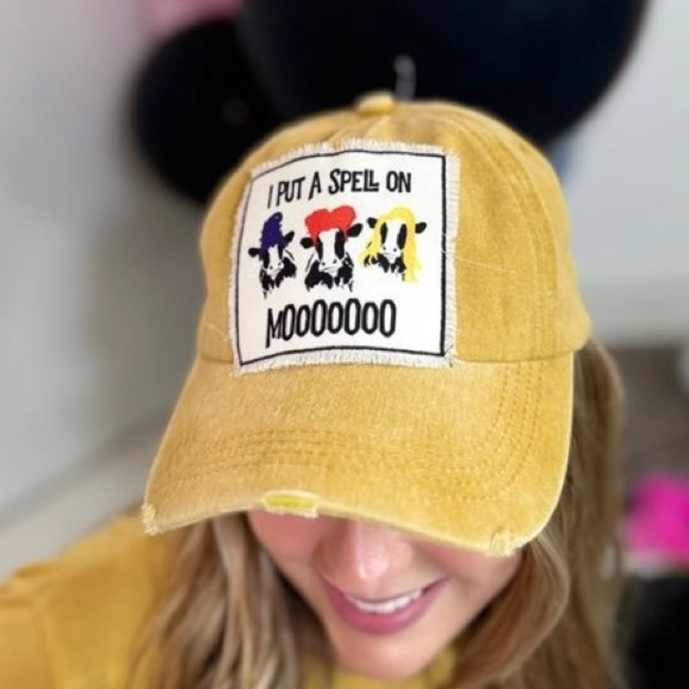 I Put A Spell On Moooo Hocus Pocus Cows Baseball Cap Mustard Yellow